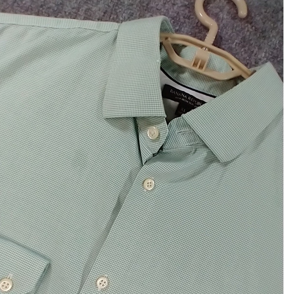 Banana Republic Mens XL Non-Iron Slim‎ Fit Green Micro Check Button Down Shirt